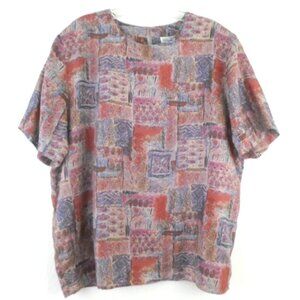 Vintage Sara Stephen 100% Silk Patchwork Print Short Sleeve Pullover Blouse